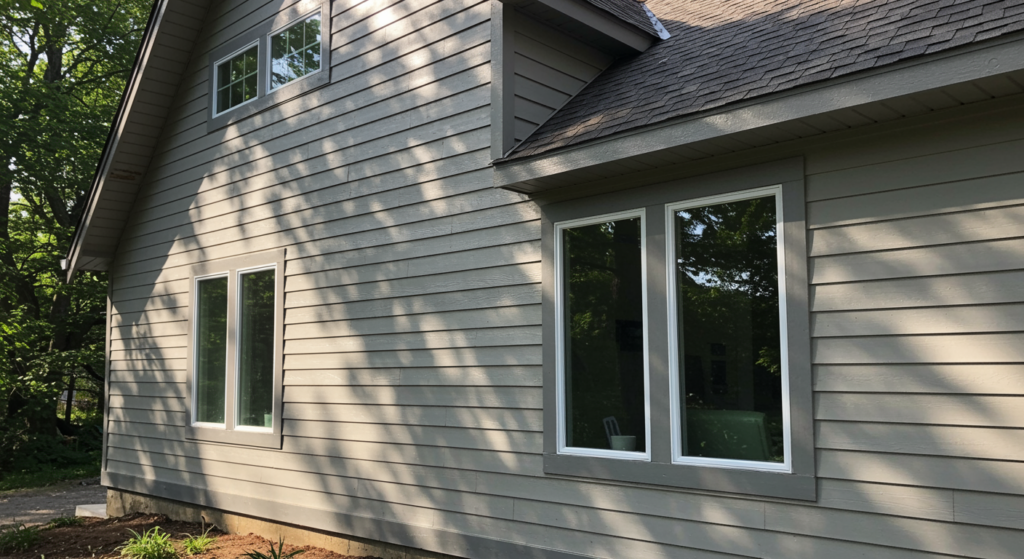 Modern home with new shingle siding installation, sunlight revealing crisp siding textures and soft gray trim, representing professional roofing and exterior services